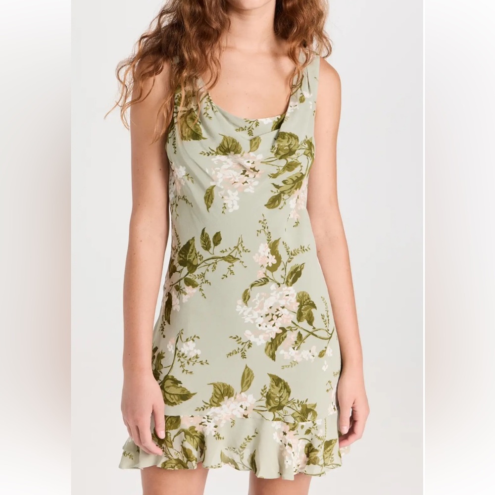 Reformation Sage Green Floral Cowl Neck Slip Dress